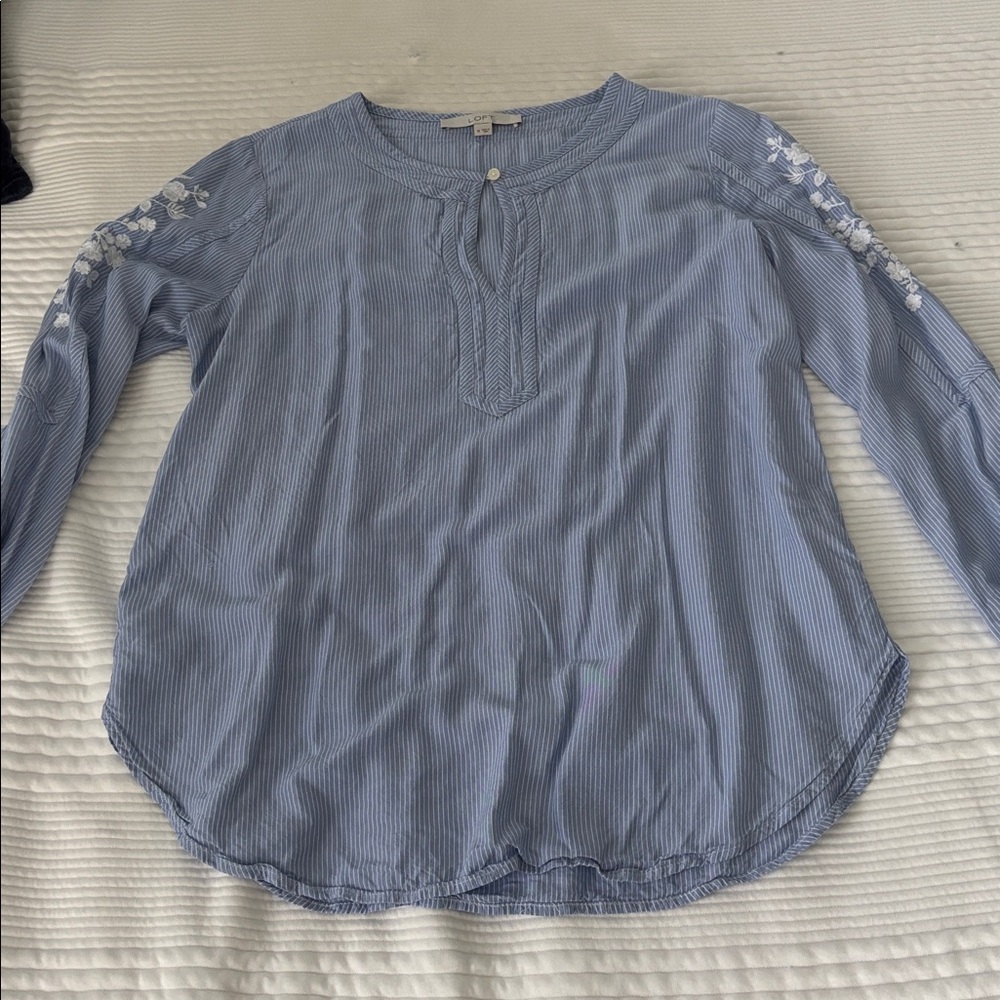 LOFT Blue and White Striped Button-Up Blouse